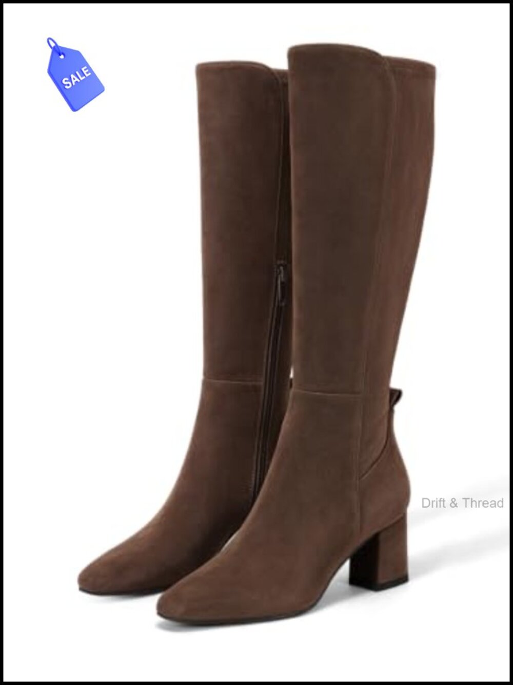 Knee High Boots Faux Suede Chunky Heel Side Zipper
